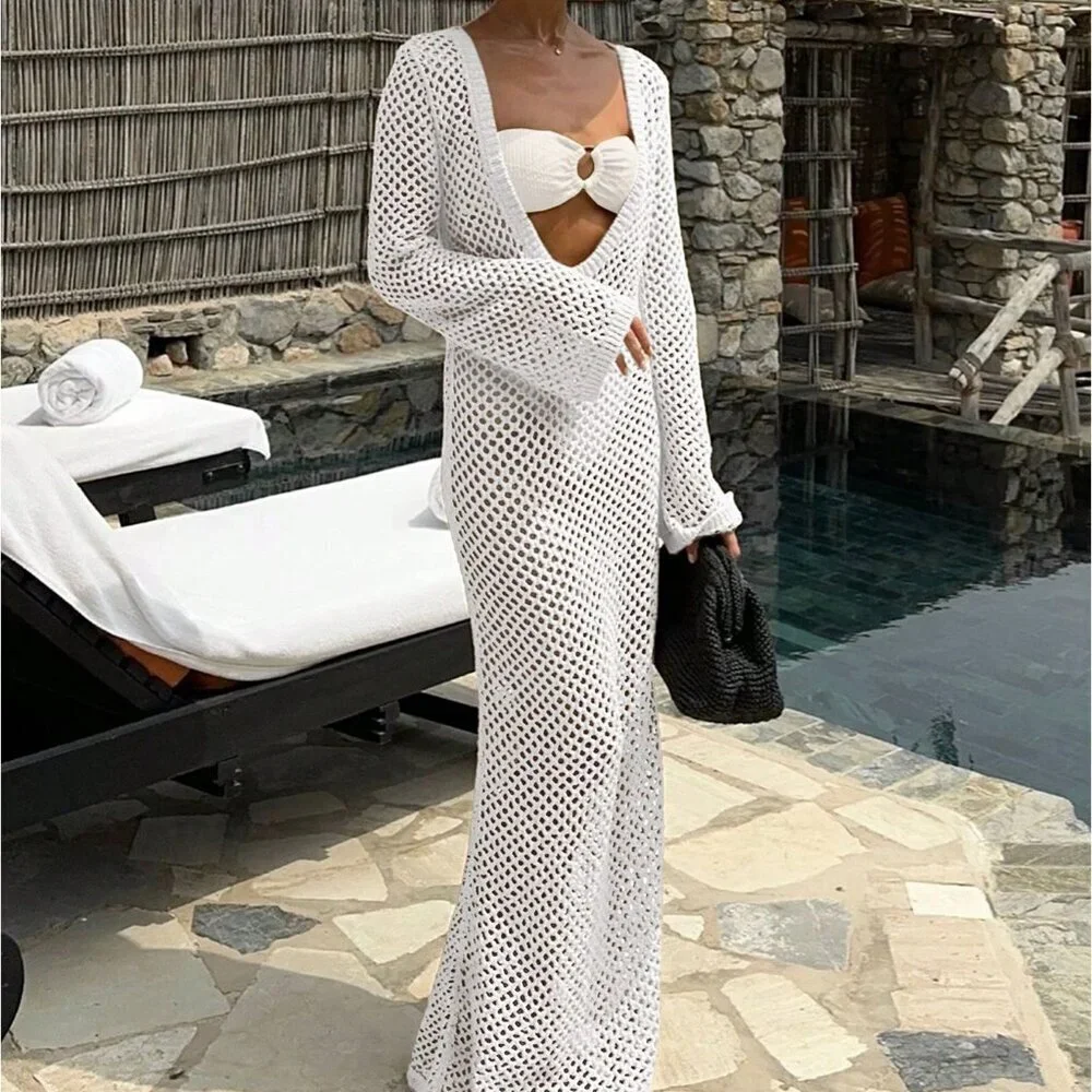 White Women's Sexy Hollow Out Long Sleeve Maxi Cruise Cover Up Dress - Picture 1 of 5
